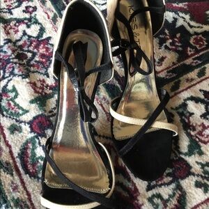 Kiss & Tell Open Toe Sandal black and cream suede and patent leather NWOT
